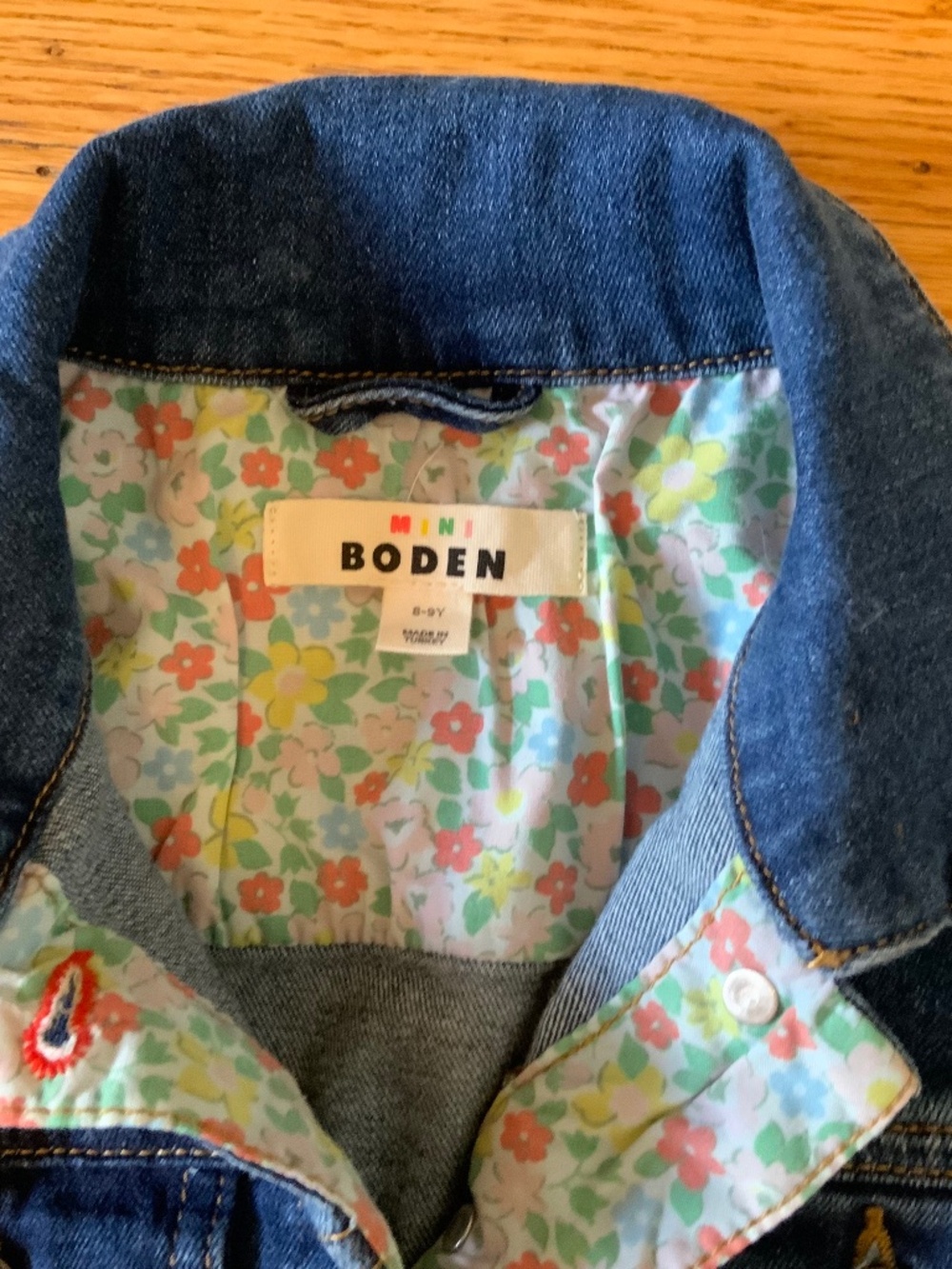 Mini Boden Denim‎ Jacket Girls Floral Lined Size 8-9